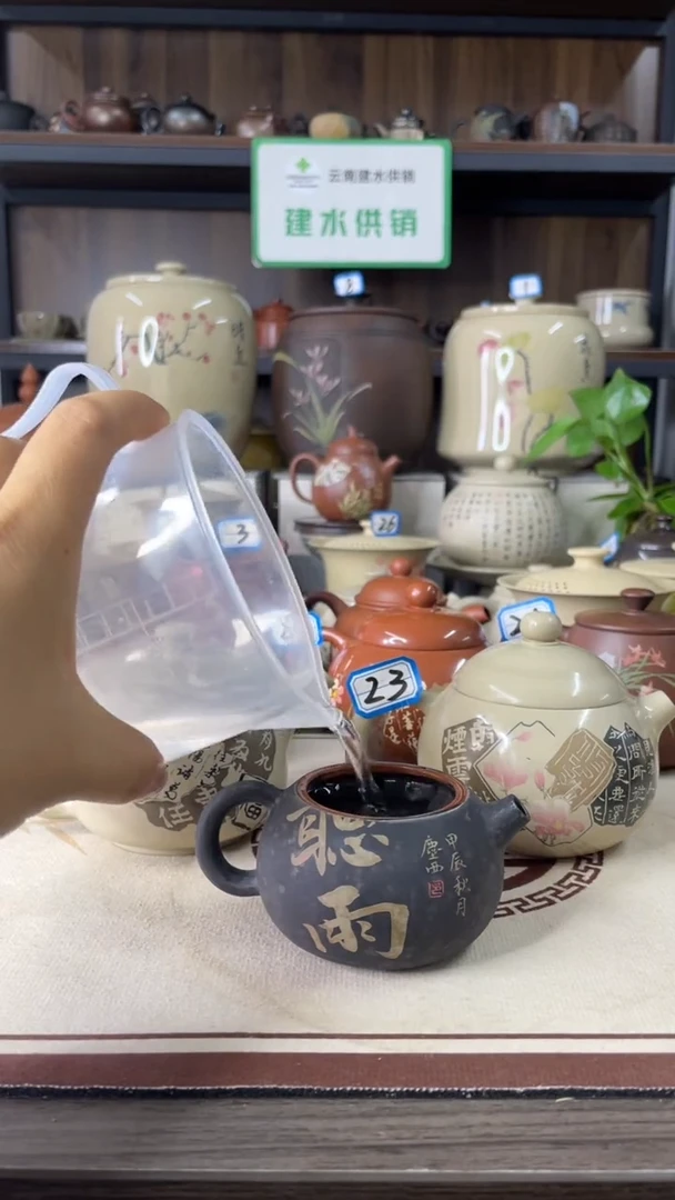 当****候建水紫陶手磨刻填壶