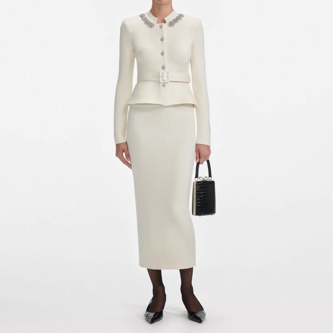 【婳霓】2025秋冬象牙白气质重要场合针织连衣裙套装25158/25159