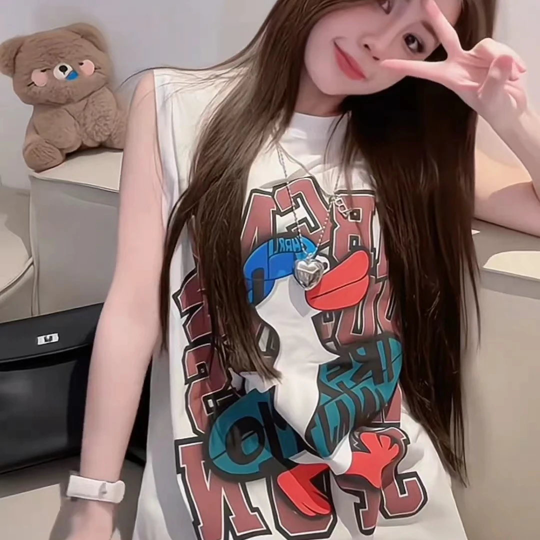 2025新款夏日美式卡通小鸭子宽松休闲无袖背心T恤学院纯甜酷棉长T