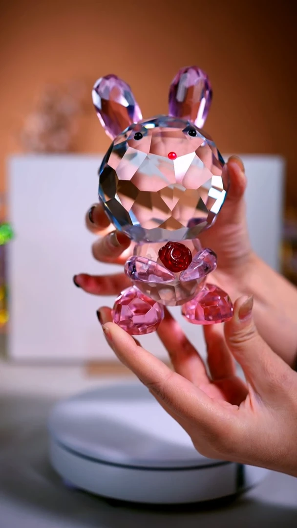 手工艺品琉璃粉色耳朵兔子摆件