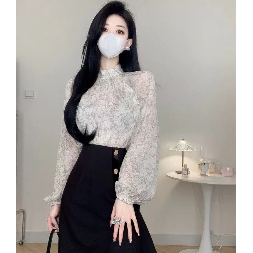 碎花雪纺衬衫女长袖春装2025新款宽松气质设计感小衫立领上衣