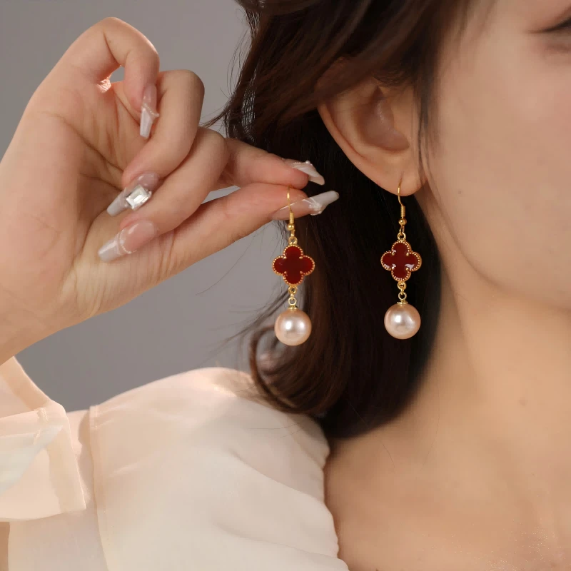 【现货现发】红色系四叶子草珠珠耳钉ZD0518