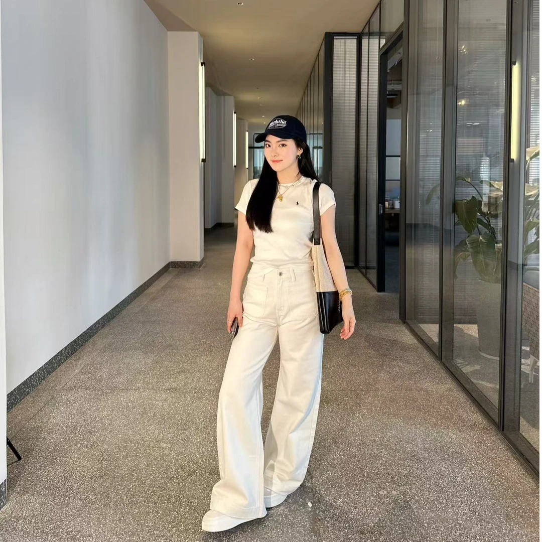 PM王囡囡 白色前后口袋牛仔阔腿裤 ND1A0131