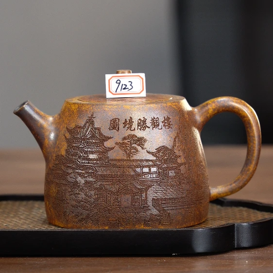 9123  原矿紫砂茶具 段泥柴烧刻绘壶 300cc左右
