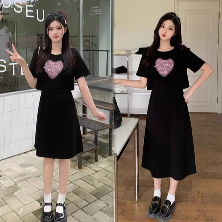 大码假两件黑色连衣裙夏季新款女时尚T恤裙子胖mm遮肚子显瘦长裙