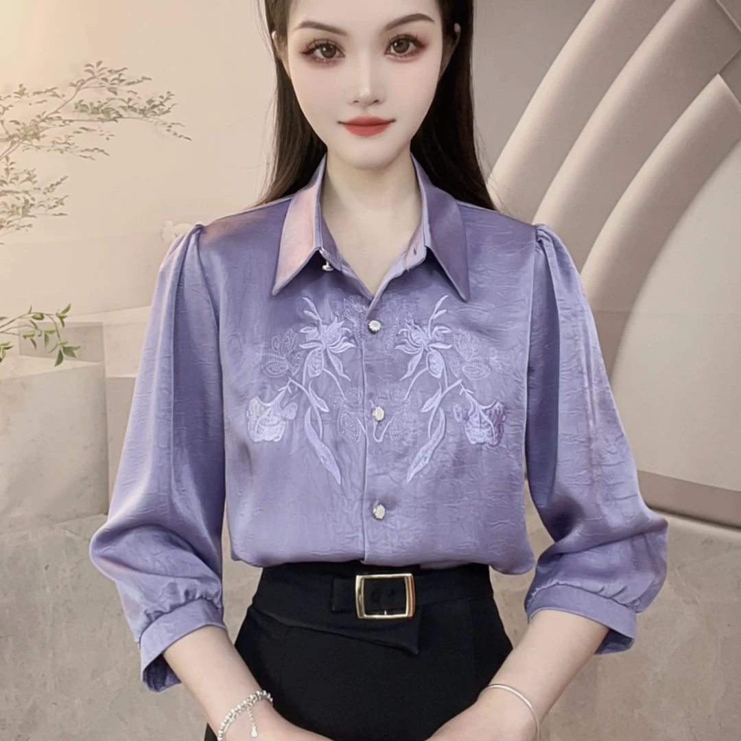 2025新款七分袖小衫重工刺绣新中式国风衬衫缎面时尚百搭女士衬衣