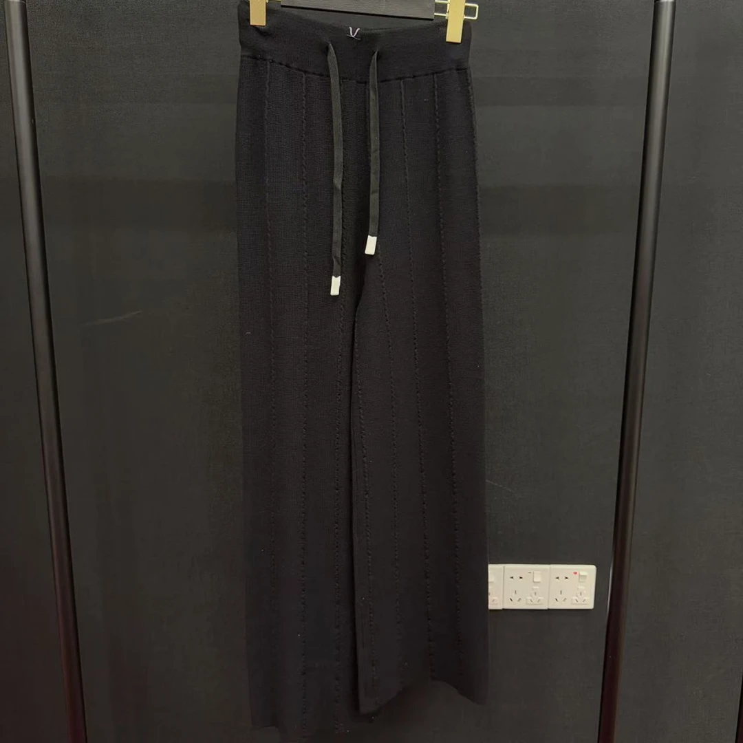 设计师休闲裤长裤时尚腰带针织高弹力女士阔腿裤卫裤6213
