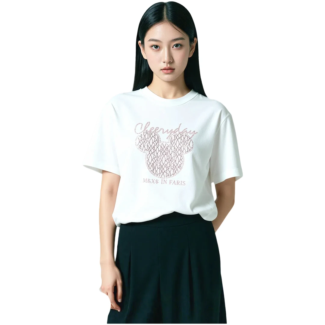 烫钻圆领常规舒适情侣透气抗起球夏季T恤休闲风白色T恤 运动纯棉