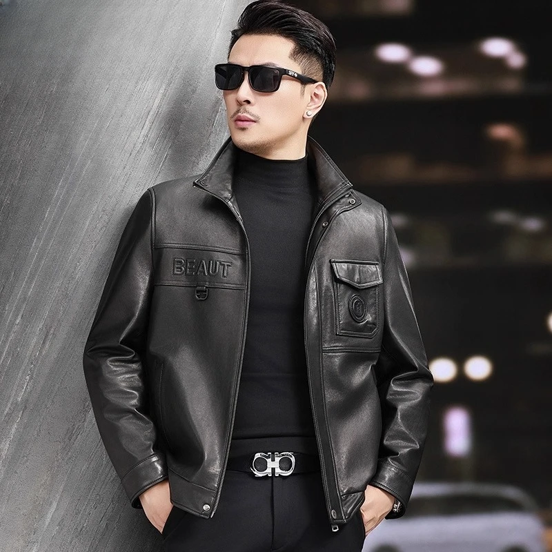BALEYSWO秋季新款绵羊皮真皮皮衣男士短款立领休闲中年皮夹克外套