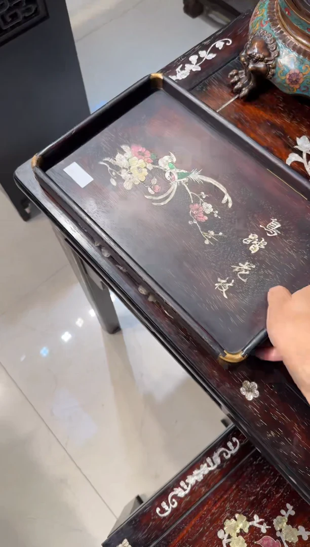 木木头款紫檀鸟踏花枝铜角宽盘128