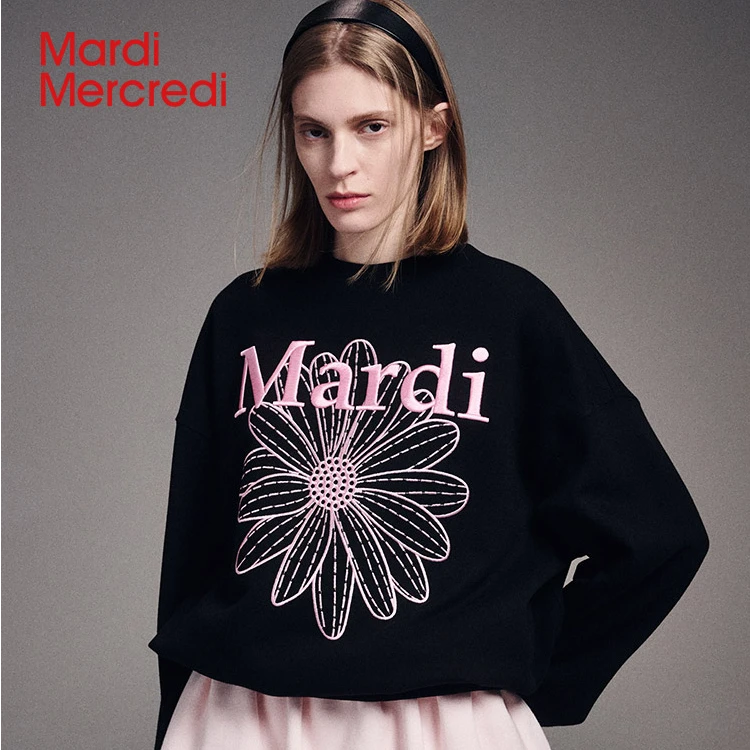 【Mardi Mercredi】刺绣小雏菊圆领休闲卫衣时尚宽松百搭情侣秋冬XX