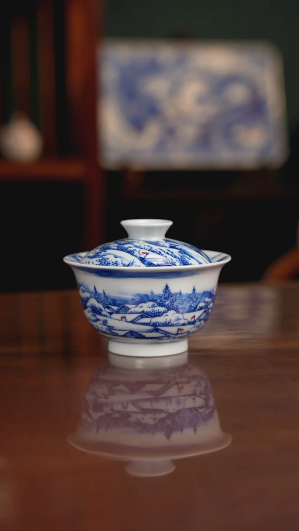 晓月窑青花雪景盖碗
