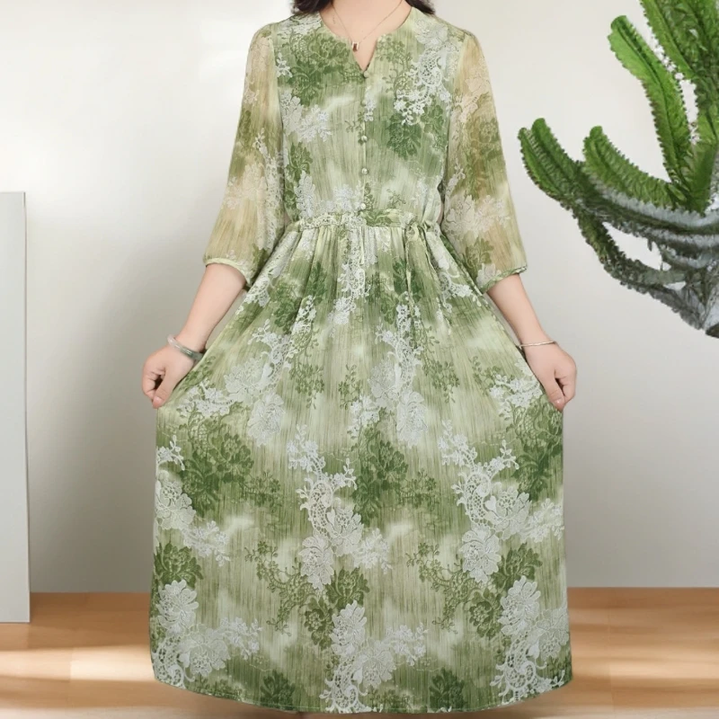871夏季新款时尚气质显瘦宽松连衣裙中长款中国风优雅妈妈装裙子