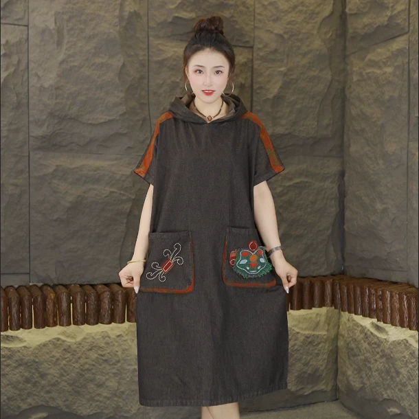夏季文艺做旧连帽圆领短袖拼接连衣裙提花复古民族风牛仔裙2609