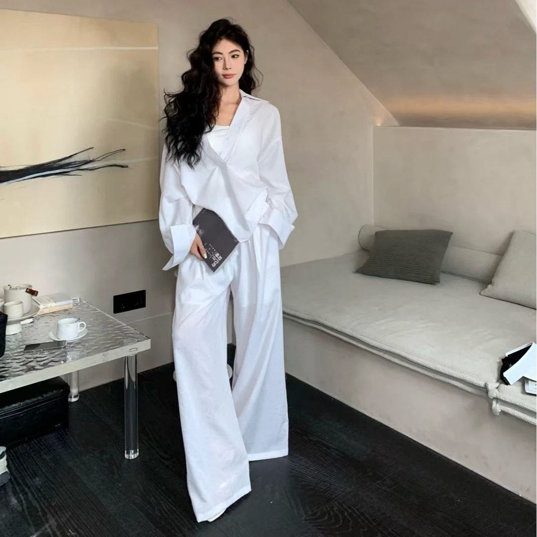 慵懒气质轻氧老钱风套装v领宽松衬衫上衣女配显瘦高腰休闲阔腿裤