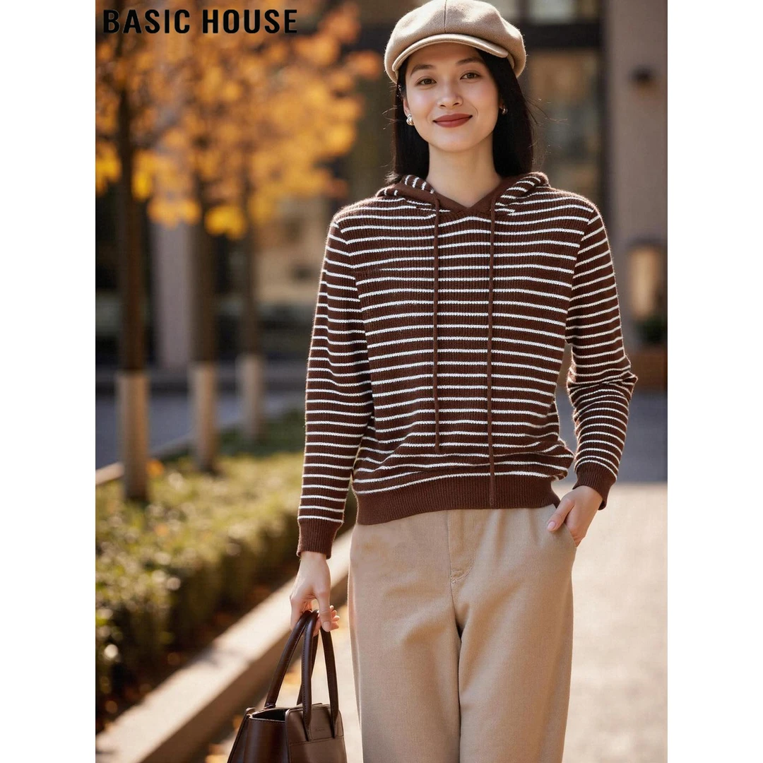 Basic House/百家好咖色条纹连帽毛衣外套女2025秋冬慵懒风针织衫
