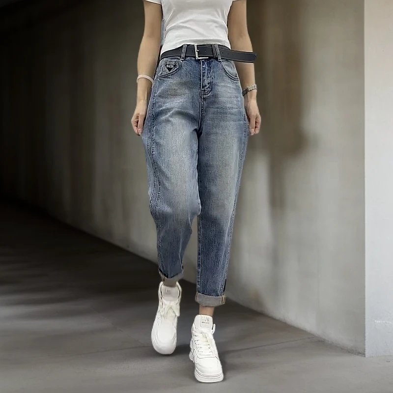 大码女装复古百搭直筒牛仔裤女2025秋季新款弹力显瘦九分哈伦裤子