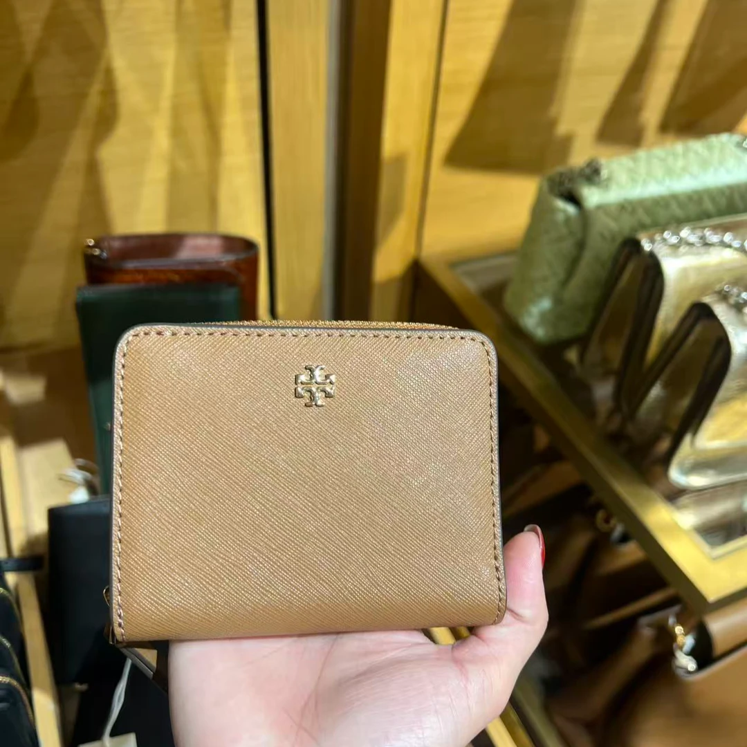 Tory Burch/汤丽柏琦棕色 短款钱包十字纹皮