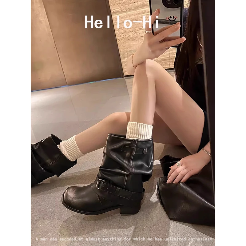 牛皮版~辣妹废土风短筒夏季靴子女2025褶皱堆堆靴宽筒短靴裤管靴