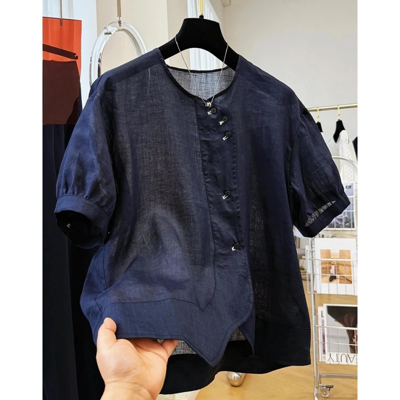 高级感棉麻圆领短袖衬衫女夏季气质小衫法式轻奢独特漂亮上衣薄款