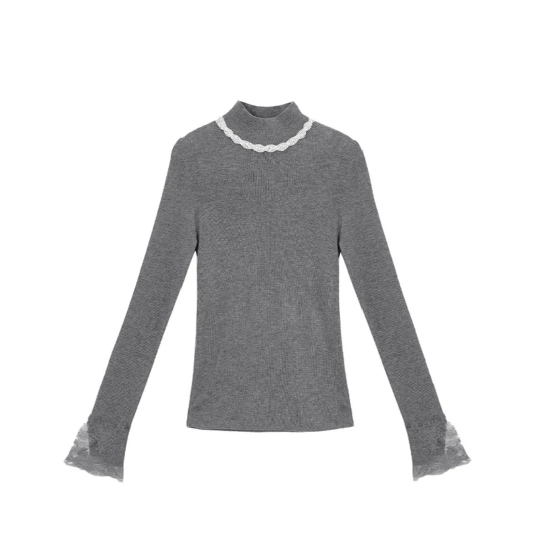 欧若风春秋新时尚蕾丝袖口半高领显瘦气质百搭钻链针织上衣女