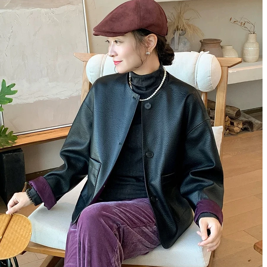 6055 双面穿】2024秋冬轻奢时髦荔枝纹翻袖撞色轻奢皮衣外套