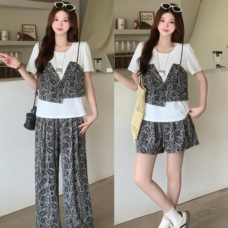 2025夏装新款胖mm大码女休闲印花长短裤22056短+22055长