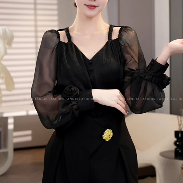 现货2025春夏新款【ZM24-C368】气质法式小众黑色镂空设计感上衣女