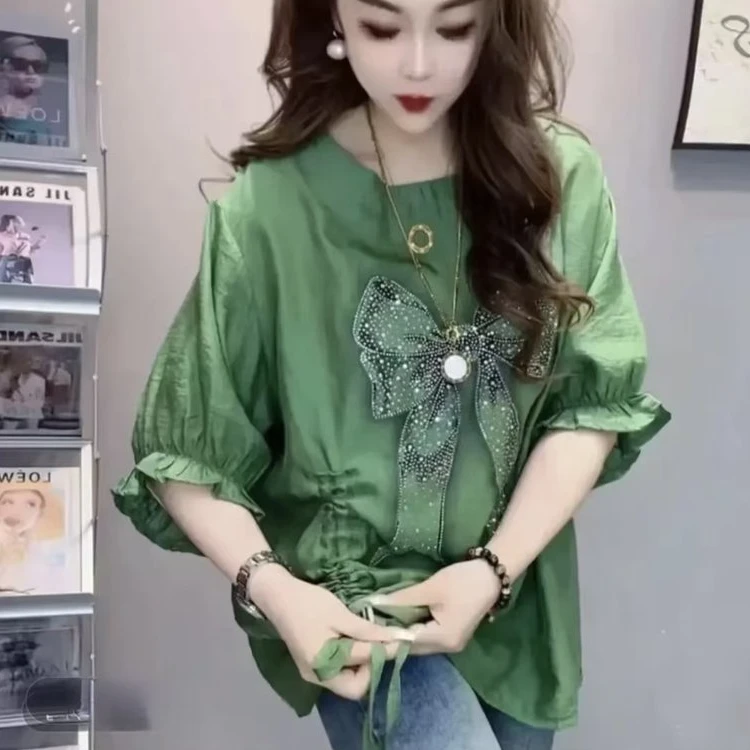 网红时髦t恤女2025夏新款设计感抽绳烫钻蝴蝶结减龄宽松韩版大衫