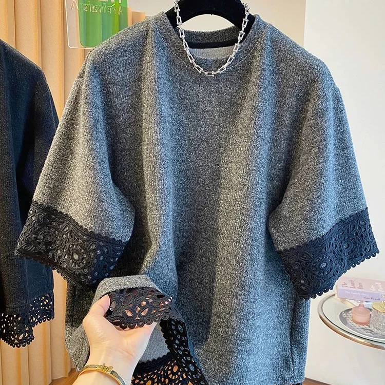 ins大码300斤胖mm蕾丝花边拼接短袖T恤春季宽松内搭打底衫上衣潮