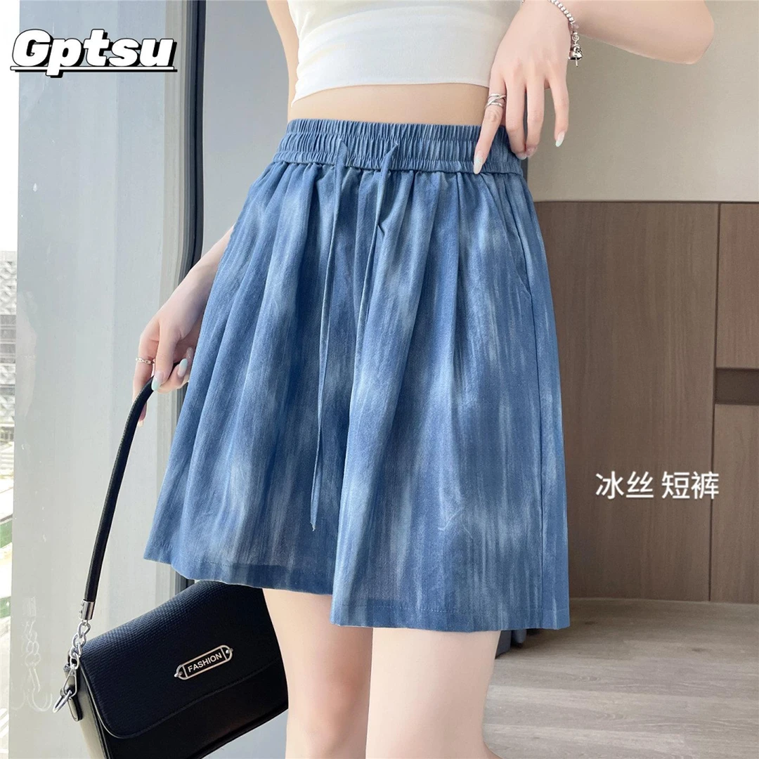 GPTSu扎染棉麻短裤女士夏季薄款天丝亚麻中裤休闲直筒冰丝五分裤