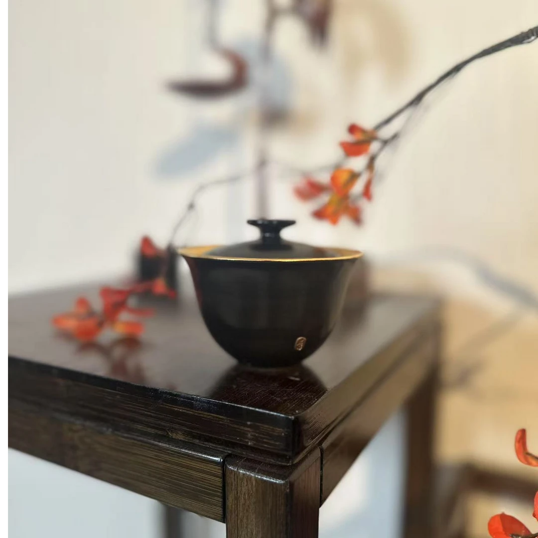 【半闲】岩墨山房 | 日式手工黑金盖碗家用岩茶盖碗