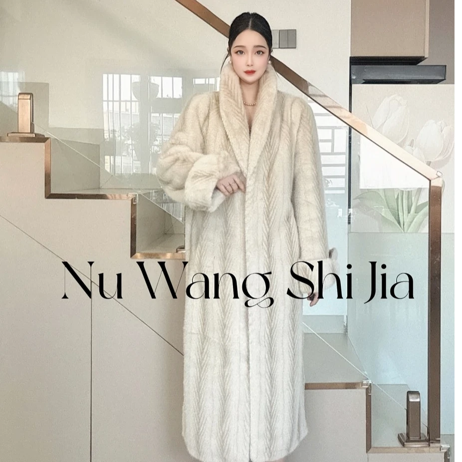 12164   青果领女长款天然毛毛外套100长袖浅色系黑色本色系