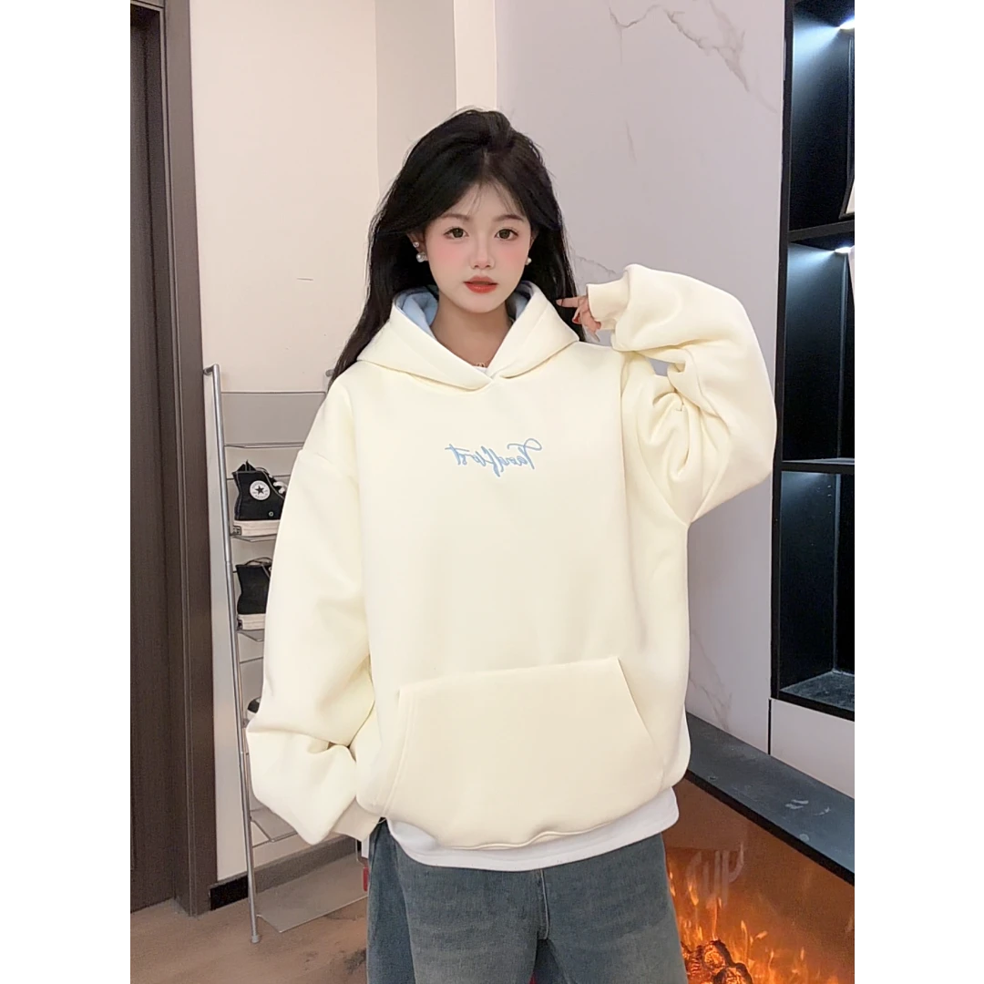 HandSeven韩式简约风纯色字母图案连帽卫衣秋季百搭拼接上衣男女