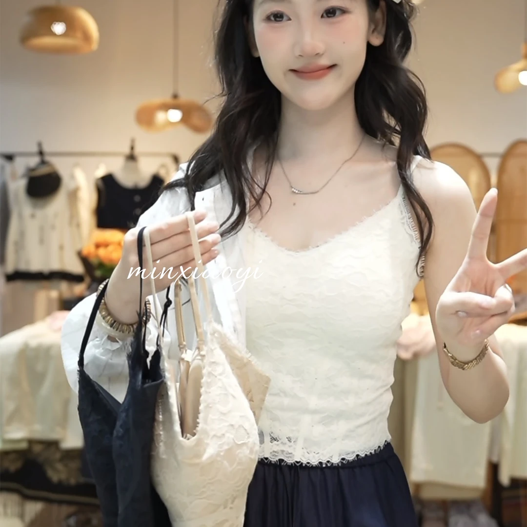 【闵笑一】布蕾春秋通勤新款女装设计款蕾丝拼接吊带背心打底女上衣