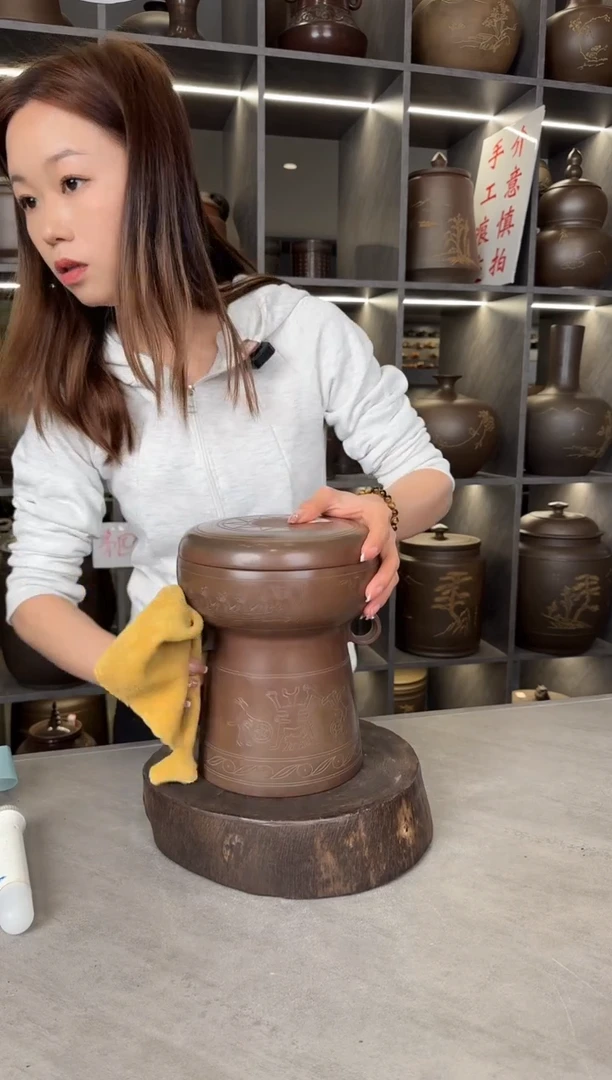 【闪购商品】罐本陶手作坭兴陶手工双盖铜鼓1.5斤（底晃