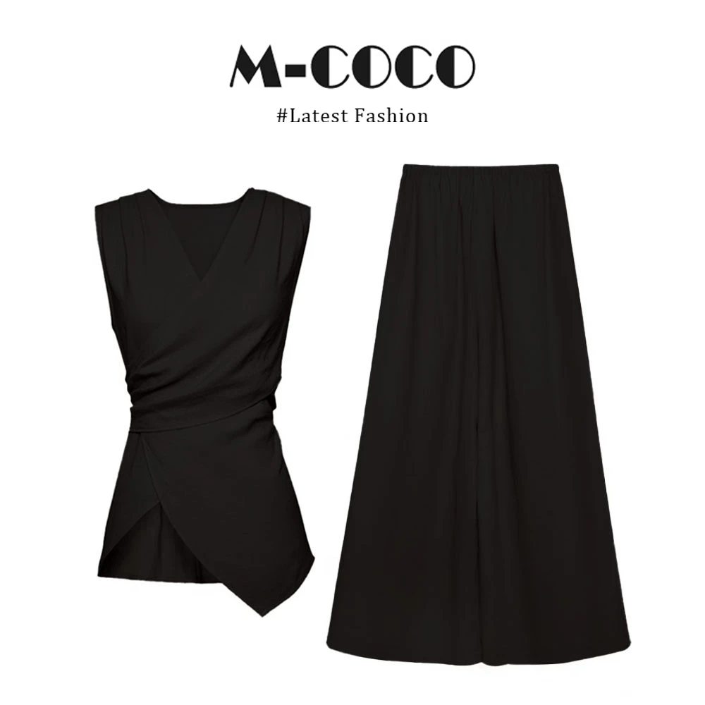 MARIE.COCO韩系黑色休闲套装V领短款背心上衣松弛感阔腿裤两件套