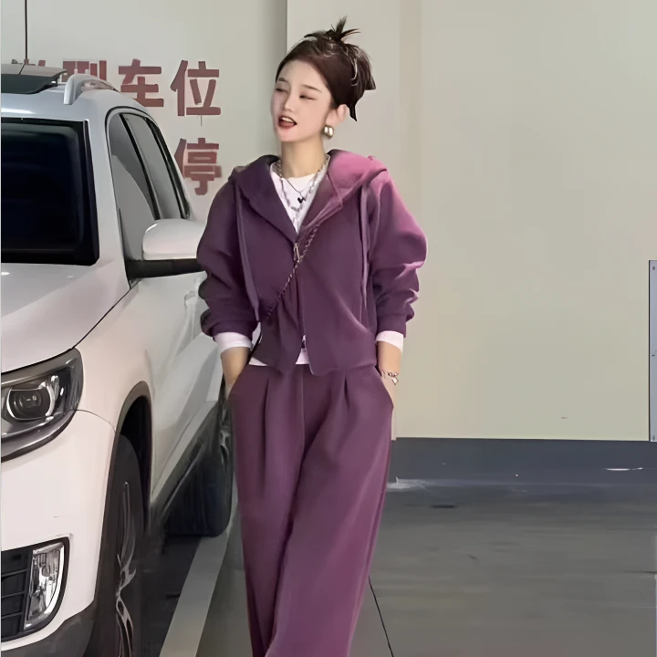 671 春季新款韩版时尚显瘦阔腿裤连帽开衫卫衣休闲套装 三楼 防