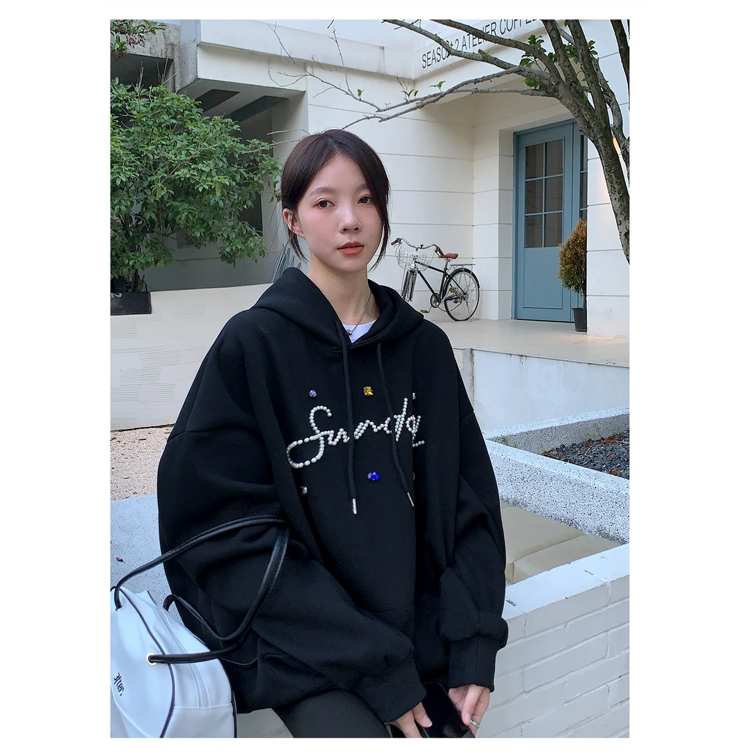 Vs what「珠光弹幕」手工制作珍珠字母连帽卫衣女重磅帽衫薄外套