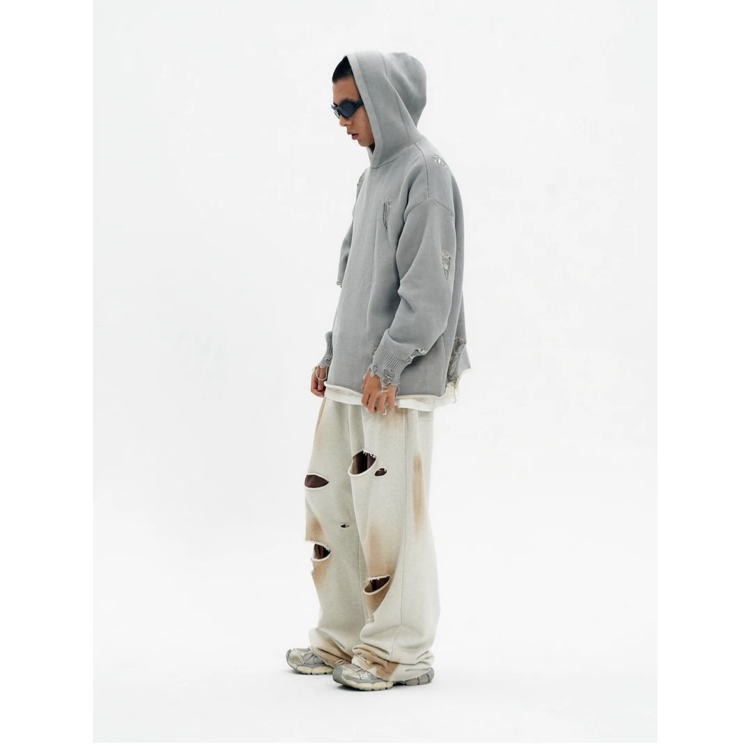 【鹭卓 李昊同款】SDSL美式高街破洞连帽毛衣男休闲高街针织衫