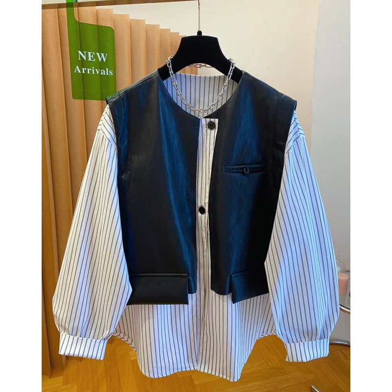 设计感马甲拼接条纹衬衫女长袖2025新款宽松别致独特假两件上衣秋