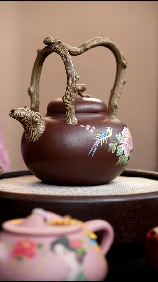 茶壶紫砂紫泥绞泥东坡提梁泥绘