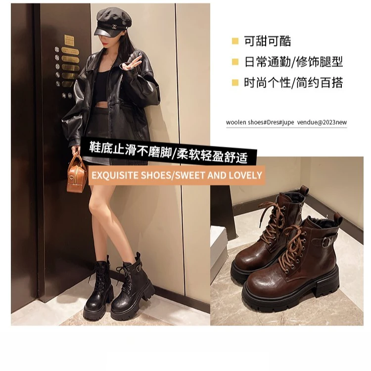 黑色马丁靴女英伦风2024年新款秋冬加绒靴子系带厚底帅气机车短靴