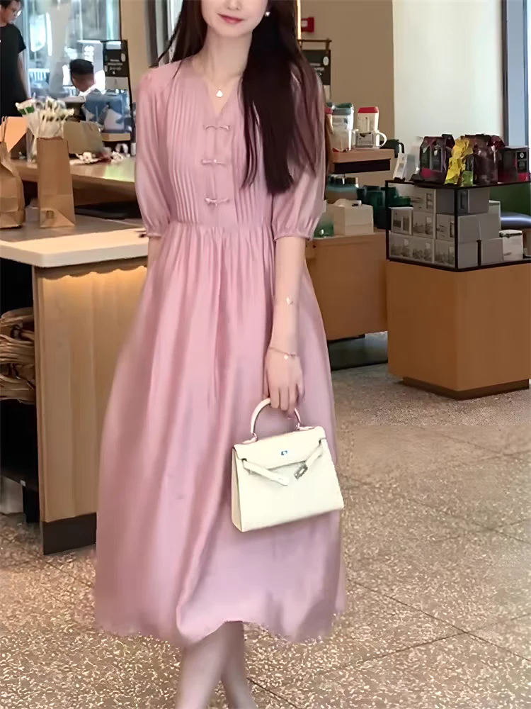 国风天丝麻V领连衣裙女2025夏季新款宽松显瘦气质复古新中式长裙