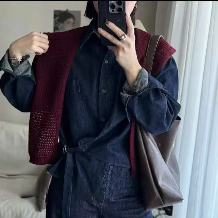 YB01#纯色翻领牛仔外套+针织披肩套装