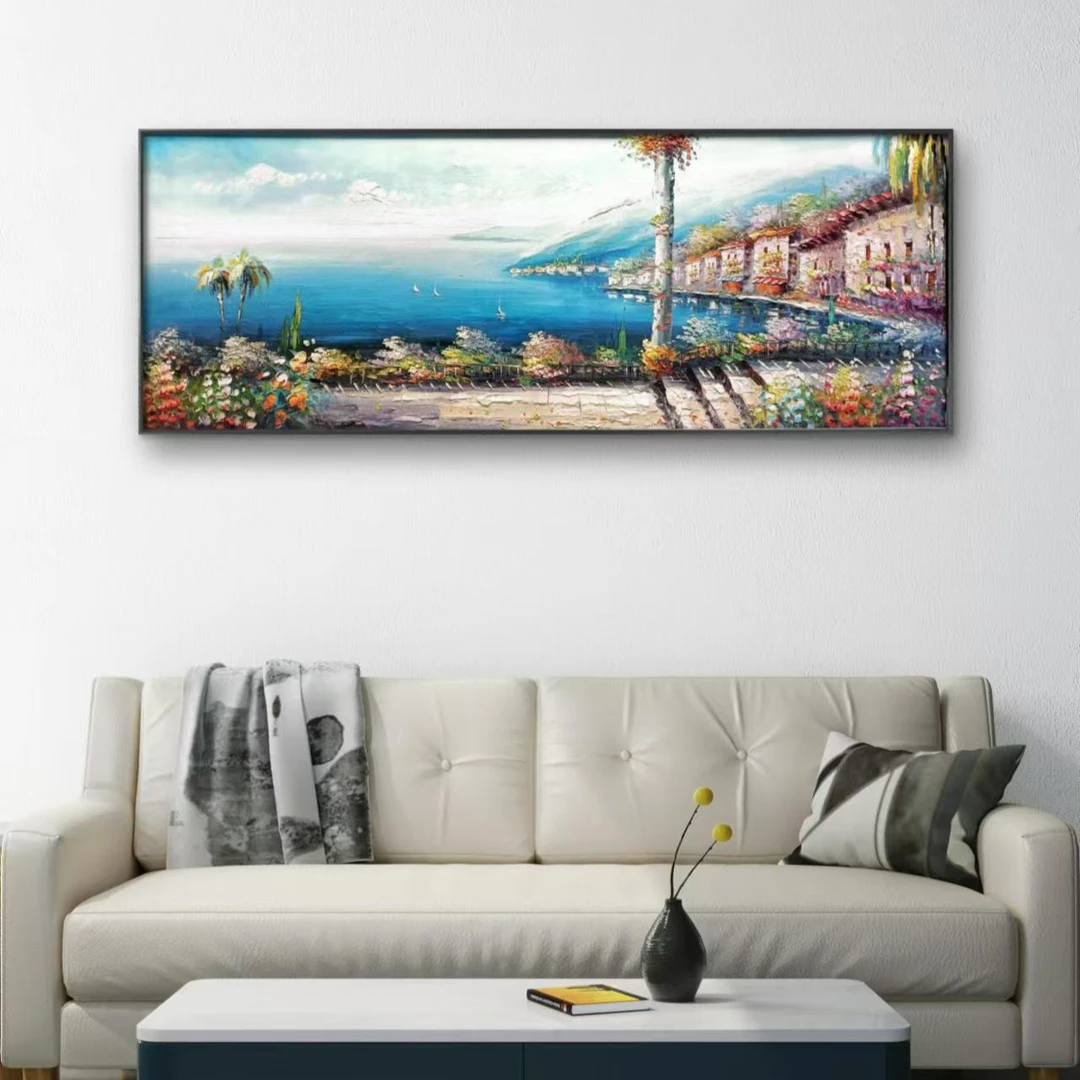 地中海风景客厅沙发背景挂画装饰画手绘客厅背景墙挂画现代油画