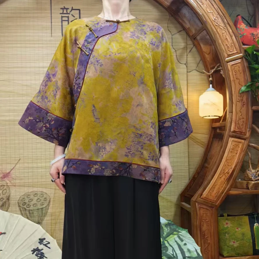 40姆米100桑蚕丝双面提花红云纱迎春花全开襟气质太太服新中式