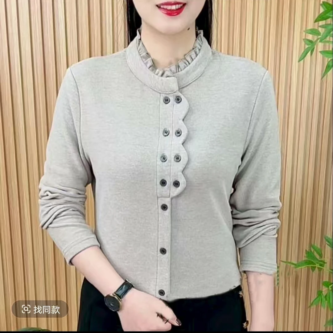时尚双面德绒花边立领纯色打底衫秋冬款洋气中年妈妈显瘦百搭上衣