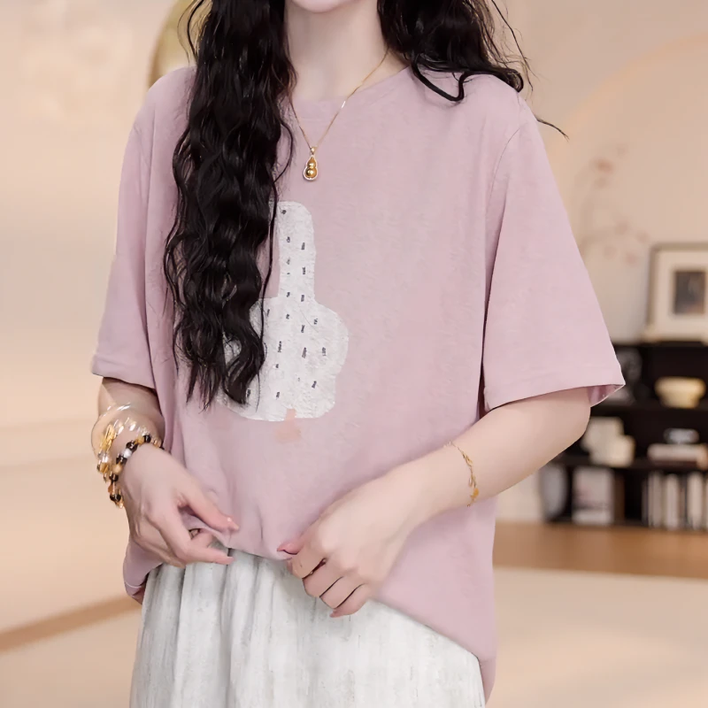 2025春夏季圆领宽松显瘦休闲小众甜美减龄大鹅短袖T恤LK2502492