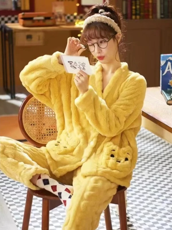 情侣家居服套装春秋珊瑚绒女士睡衣保暖女冬天